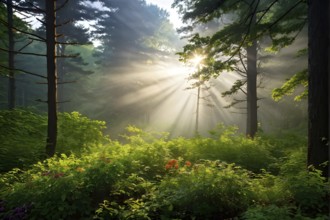 Fog covered forest in summer with mystic golden sunlight, AI generated