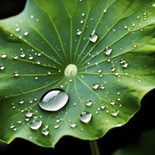 Close up of a lotus leaf showcasing its hydrophobic tendencies repelling water droplets, AI