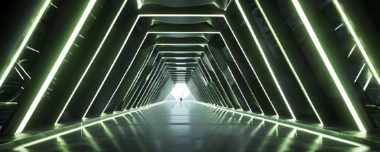 Futuristic long empty light corridor in green colors with sleek modern design, AI generated