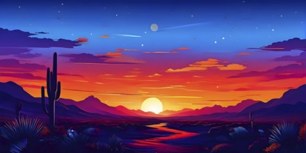 Abstract illustration of a sunset over a desert landscape in vivid and vibrant colors, AI generated