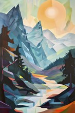 Abstract canvas illustration of a serene nature hike scenery with majestic mountains, AI generated