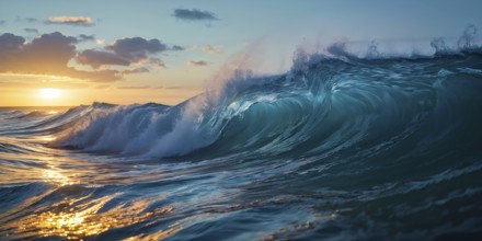 Blue ocean wave cresting with feral energy, AI generated