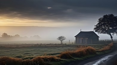 Rural landscape in autumn veiled in fog, AI generated