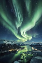 Aurora borealis illuminating snow covered fjord landscape in vibrant hues, AI generated