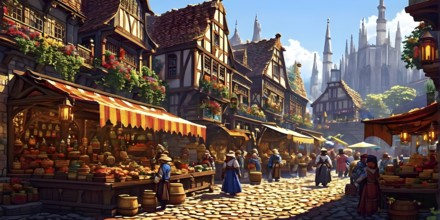 Pixel art scene of a bustling medieval marketplace with vendors displaying various goods, AI