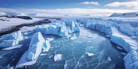 Aerial view of a stunning glacier with blue ice formations, AI generated