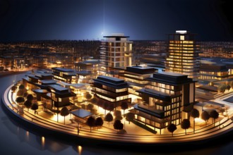 Modern architectural model crafted from polished wood bathed in soft diffuse light, AI generated