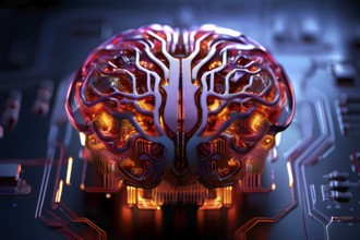 Human brain intricately interlinked with the circuits of a computer board symbolizing artificial