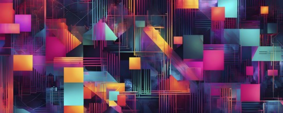 Abstract geometric patchwork illustration with vibrant intersecting geometric shapes filled with