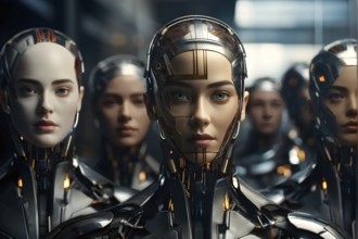 Advanced humanoid robot heads illustrating future robot concepts, AI generated