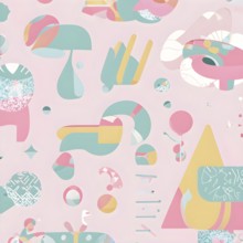 Abstract illustration features a seamless pattern of whimsical hand-drawn shapes and icons in soft