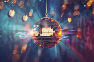 A disco ball is suspended from the ceiling at party in nightclub, reflecting the lights and