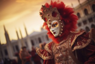 A person adorned in a traditional Venetian carnival mask and costume, with the iconic architecture