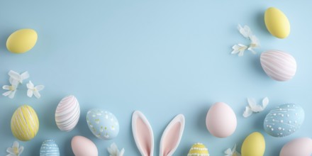 Easter eggs and Easter bunny for Easter with blue background greeting card banner with text free