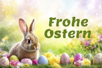 Happy Easter greeting card with Easter bunny and Easter eggs bunny in spring in Stuttgart, Germany,