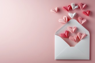 Valentine's Day love letter with envelope and hearts on pink background generated with copy space