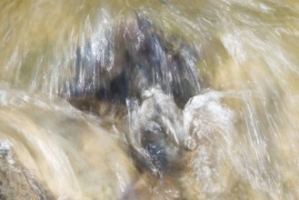 Moving water flows over a boulder, rapids, motion blur conveys the flow speed, reflections of the