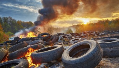 Symbolism, large junkyard with old burning car tyres, AI-generated, AI-generated, AI generated