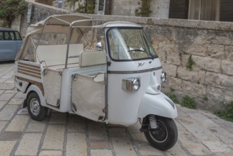 Piaggio Calessino Ape three-wheeler, Matera historic centre, Basalicata, southern Italy, Italy,