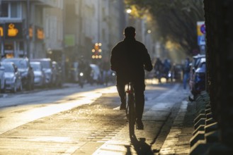 Cyclists in oblique sunlight in November, poor visibility, danger of glare, cycle lane, cyclists