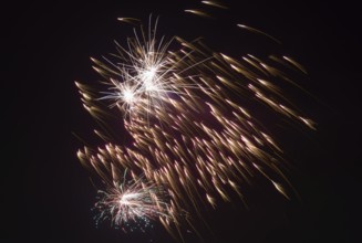 Bright sparks from fireworks spread across the night sky, Lower Saxony, Germany, Europe