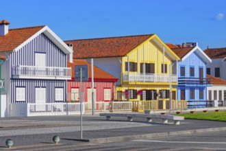 Traditional wooden striped houses, Costa Nova do Prado, Aveiro, Portugal, Europe