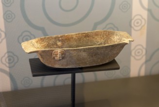 Ceramic vase in the form of a canoe, Jaina, Late Classic period, Mayan archaeological museum, Fort