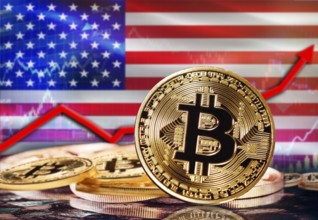 Bitcoin with USA flag in the background. Bitcoin rising with USA flag in the background