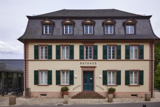 Town hall, entrance area, facades with windows, shutters and dormers, main street, Hofstetten,