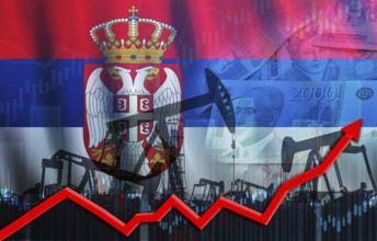 Oil pumps with Serbian flag. Oil production with Serbia flag