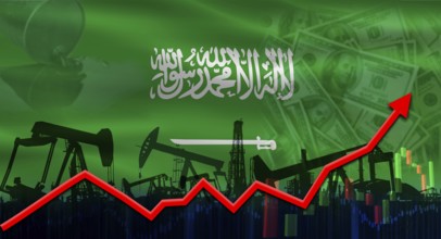 Oil pumps with Saudi flag. Oil production with Saudi Arabia flag, petrol industry