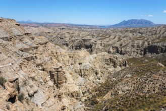 Large canyon area with rock formations and bare vegetation under a bright blue sky, Barranco de la