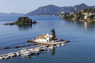 Vlacherna Monastery and Mouse Island in the Mediterranean Sea from above on the island of Corfu,