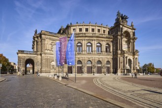 Semperoper, Opera House of the Dresden State Opera, architectural style neo-renaissance, flags on