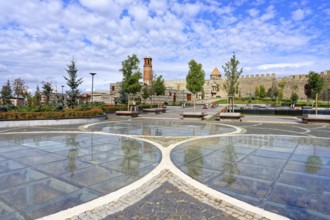 Reflections in the glass grounded Kale city park and Erzurum byzantine castle, Anatolia, Turkey,