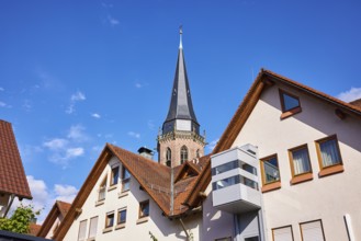 Church tower of St. Nikolaus, residential building, pointed roof with red roof tiles, frog