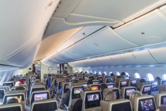 Etihad airline aircraft, interior, rows of seats with passengers. Boeing 787 aircraft on a flight