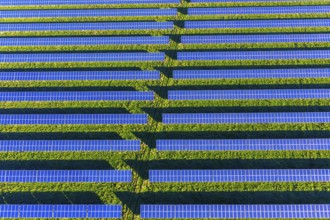 Aerial view over blue solar panels of photovoltaic power station, solar park for the supply of