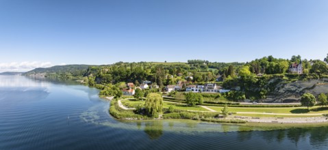 Aerial view, panorama of Lake Constance with the Landesgartenschaugelände and Uferpark, Goldbach,