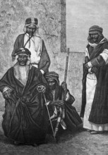 Noble Arabs, traditional floor-length robe, headgear, rifle, travelling in Asia, Arabia, historical