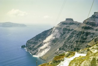 Landslide of volcanic rocks cliff at Fira, Santorini, Cyclades islands, Greece, Europe, 1972,