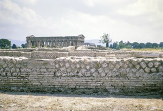 Excavations in foreground, Greek temples at Paestum archaeological park, Campania, Italy, Europe