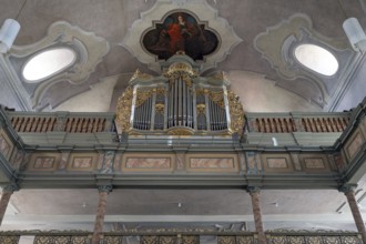 Organ loft, organ built in 1783 by Elias Hößler, Protestant town church of St. Maria, baroqueised