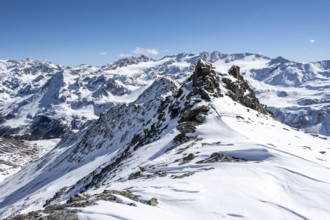 Mountain panorama with snow-covered mountain landscape in winter, Ortler Alps, Vinschgau Valley,