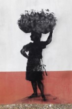 Black woman carrying nest with rats on her head, Pest Control, ironic mural on infectious diseases