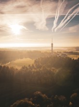 Elevated view of a scenic area with a tower, sunlight and cloudy sky, Gechingen, Black Forest,