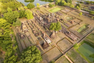 The central Buddhist temple Wat Mahathat seen from the air, UNESCO World Heritage Sukhothai