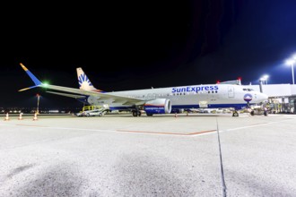 A Boeing 737-8 MAX aircraft of SunExpress with the registration TC-SME at the airport in Stuttgart,