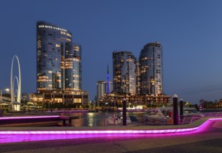 Skyline at Elisabeth Quay, blue hour, blue hour, harbour, Perth, State of Western Australia,