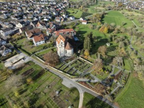 Aerial view of the municipality of Horn on the Höri peninsula with the church of St. Johann and